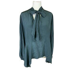 BCBG Max Azria Large Kelleigh Tie-Neck Top $248 Retail  Green 100% Silk NEW